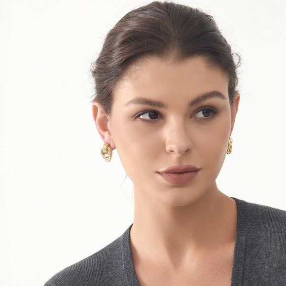 Chunky Knot Link Circle Drop Earrings Studs for Women Trendy Statement Jewelry - Picture 4 of 7